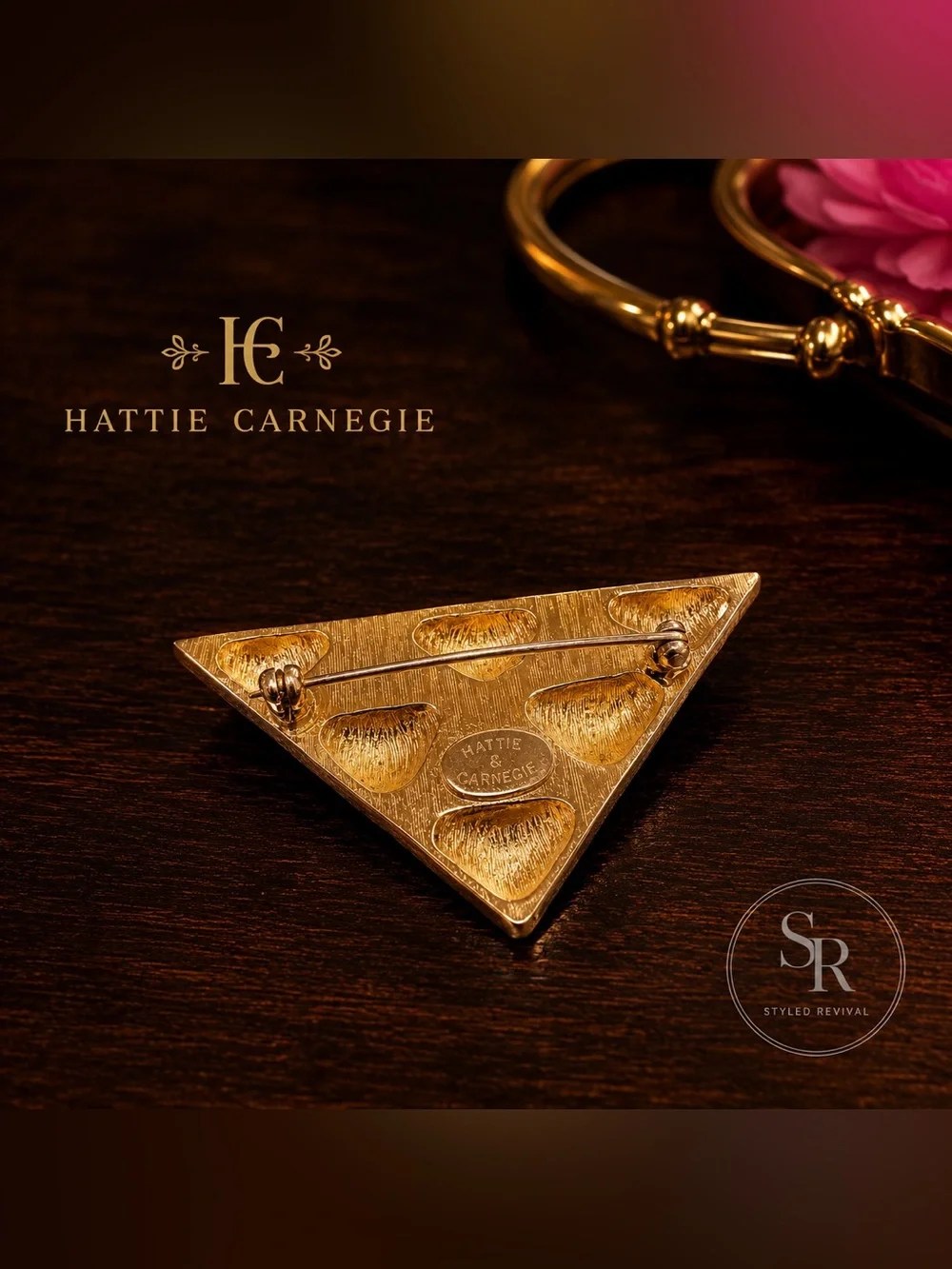 VTG Signed Hattie Carnegie Gold & Silver Tone Geometric Triangle Brooch Pin